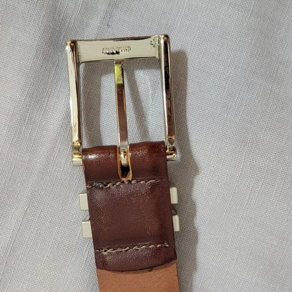 YRI Mens‎ Brown Leather Belt Solid Brass Silver Buckle Columbia Country Club 36